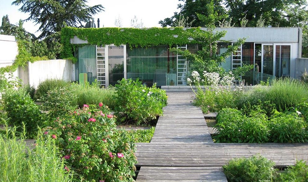 Ein kleines modernes Gebäude mit einem Kräutergarten.