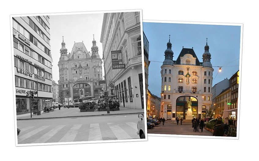 Foto: Bild der Rotenturmstraße früher und Bild der Rotenturmstraße heute gegenübergestellt