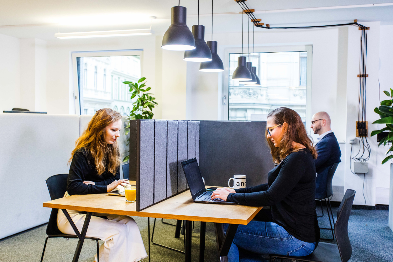 Arbeitskojen mit Menschen am Laptop