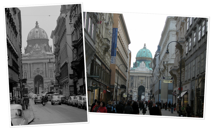 Foto: Foto vom Kohlmarkt früher, gegenübergestellt eines Fotos vom Kohlmarkt heute