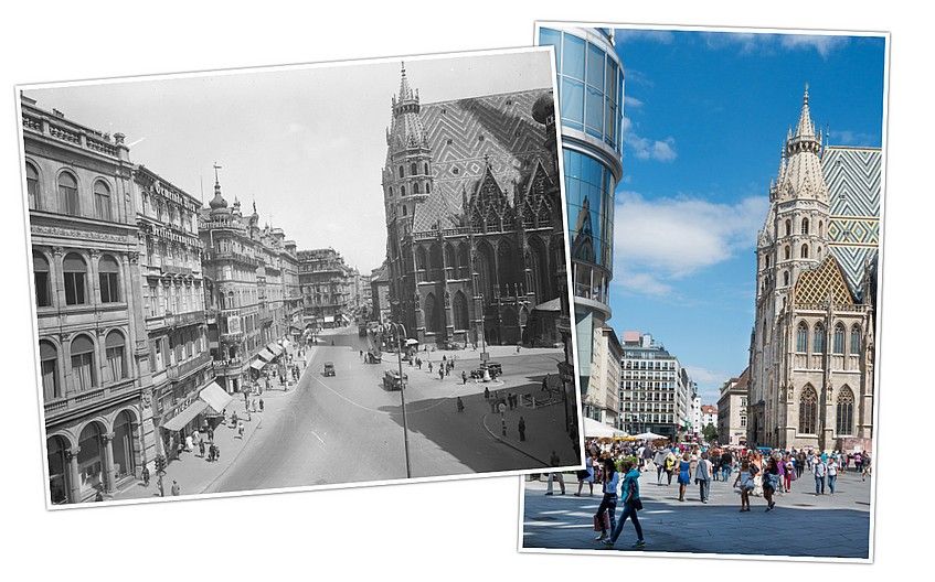 Foto: Foto vom Wiener Stephansplatz früher gegenübergestellt ein Foto vom Wiener Stephanplatz heute