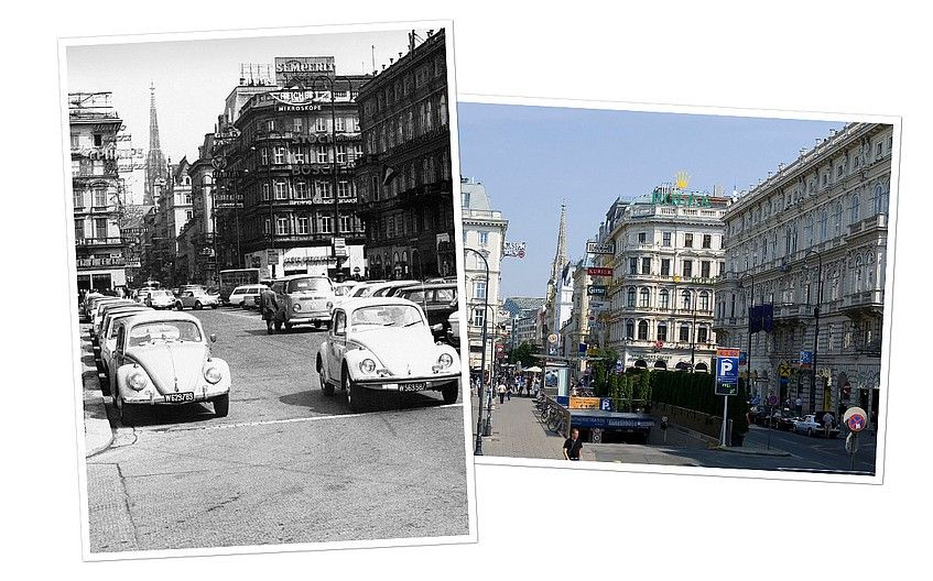 Foto: Ein Bild der Kärtner Straße früher, gegenübergestellt ein Bild der Kärntner Straße heute.