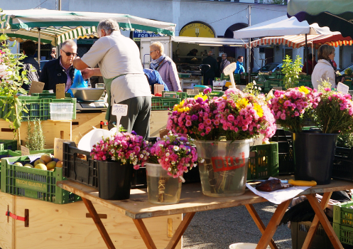 Foto: Zeigt einen Marktplatz mit Blumen und vielen Menschen